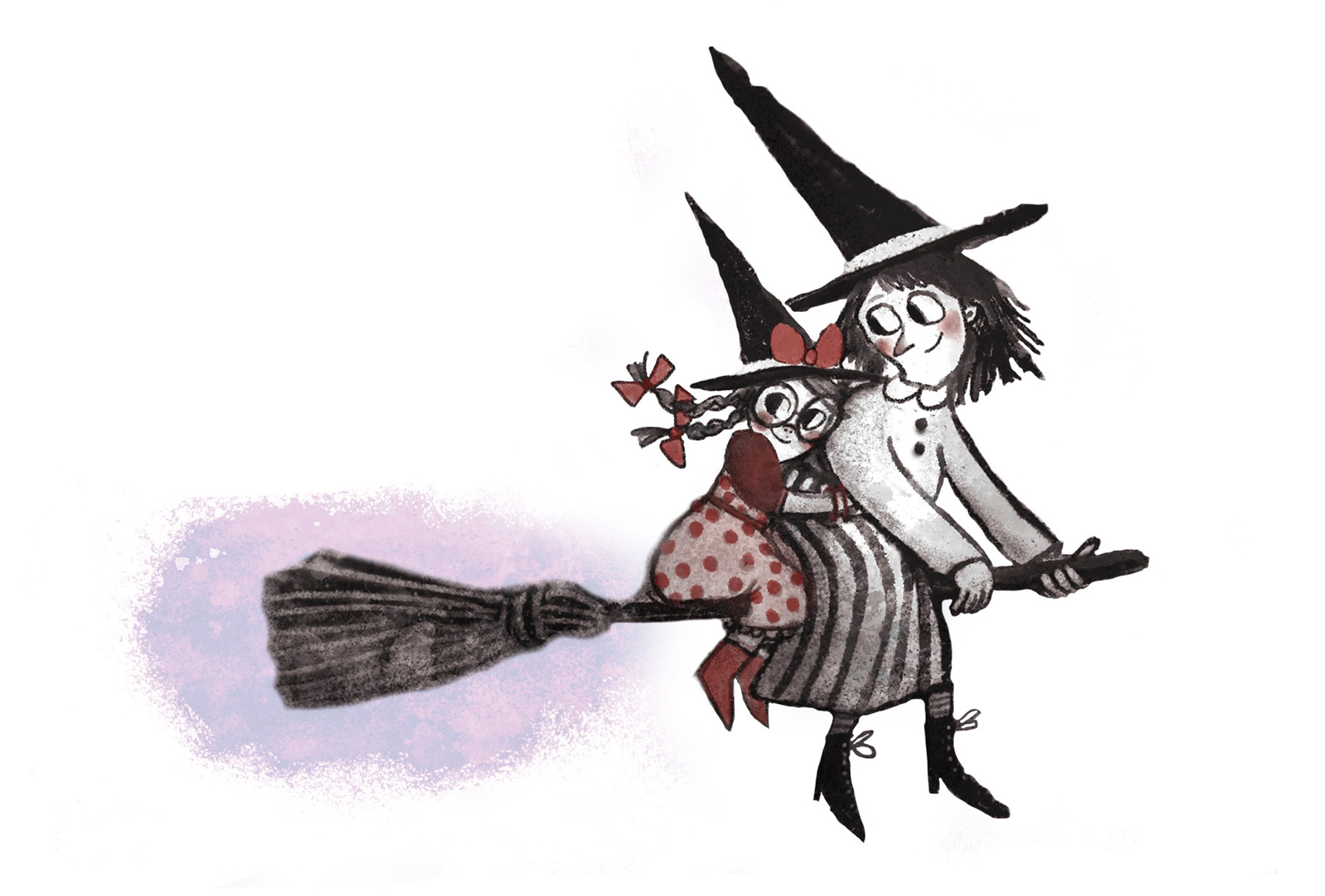 Crimson Twill and her mom riding a broomstick.